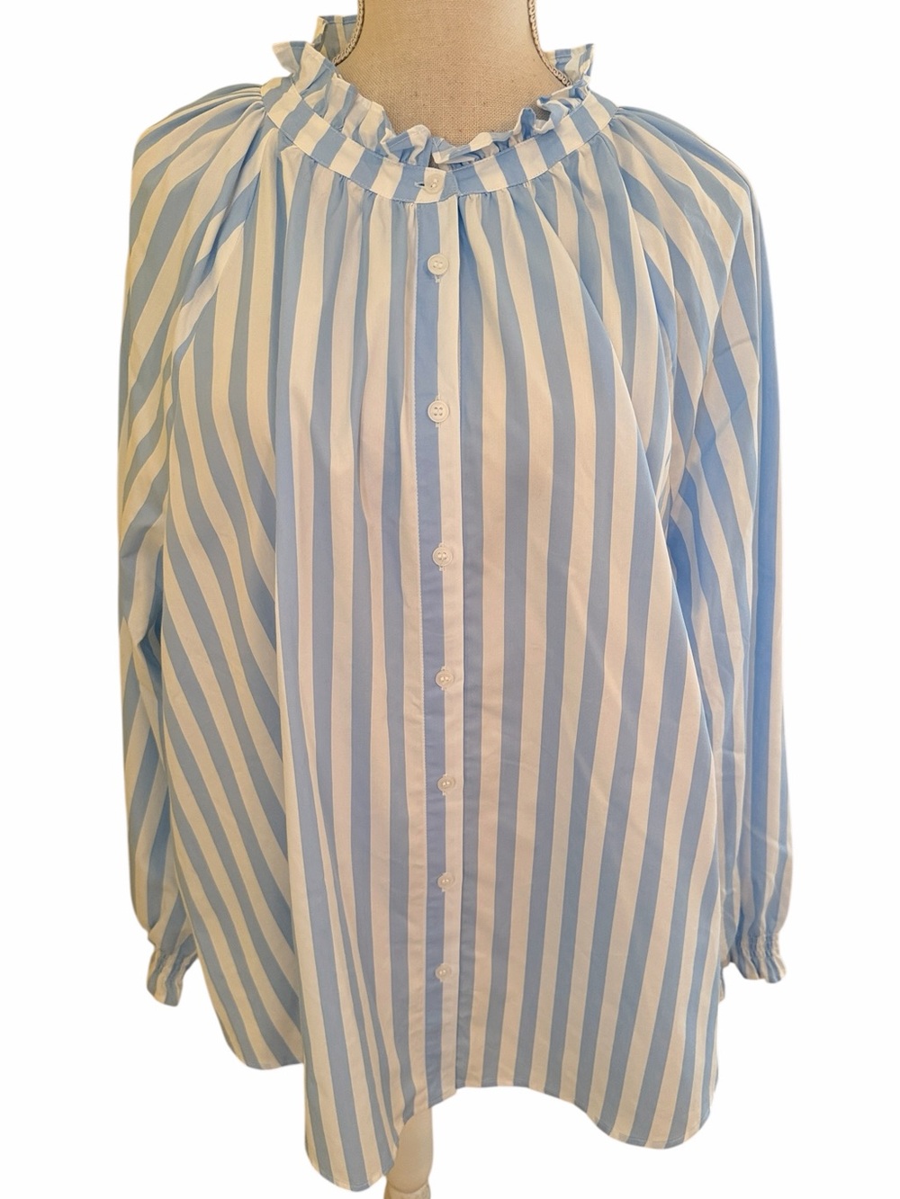 Lane Bryant Blue & White Striped Button-Front Ruffle Collar Blouse